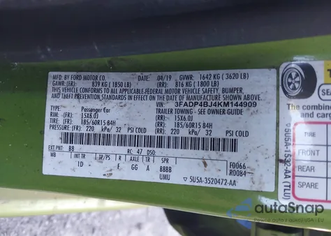 2019 Ford Fiesta Se из США, поврежденный, VIN 3FADP4BJ4KM144909